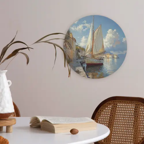 Zeilschip - Huizen - Kade - Zee Akoestische PET Vilt - Rond klein -sfeer3