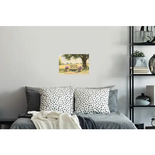 Houten bankje - Bloempotten - Landschap Muursticker klein -slaapkamer