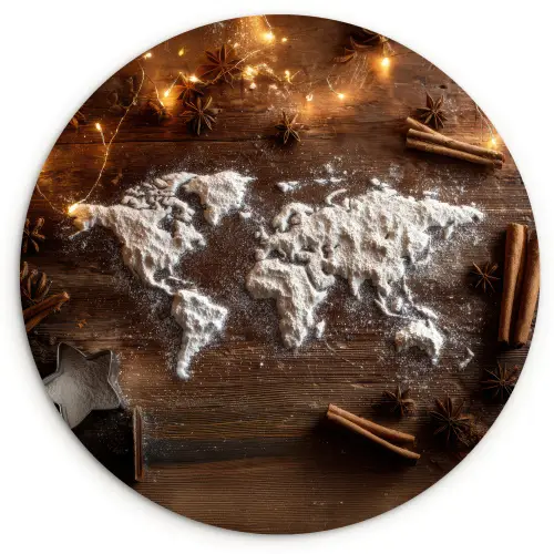 Wereldkaart - Poedersuiker - Hout Wandcirkel plexiglas klein -3d