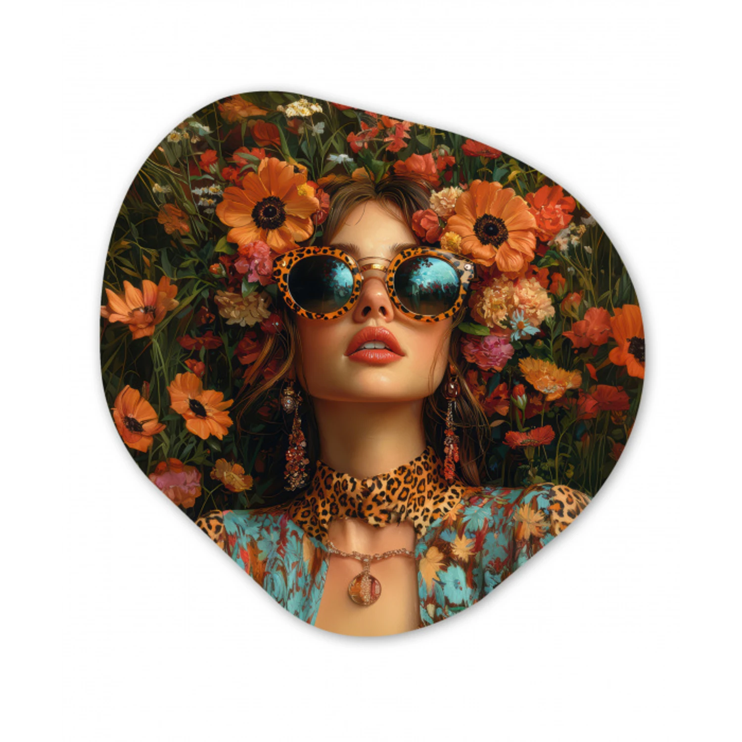 Vrouwen - Bloemen - Modern - Bril - Abstract Wandcirkel Organisch Plexiglas middel -3d