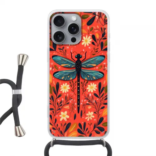 Libel - Blauw - Vleugels - Bladeren Hoesje iPhone 16 Pro Max met koord klein -3d