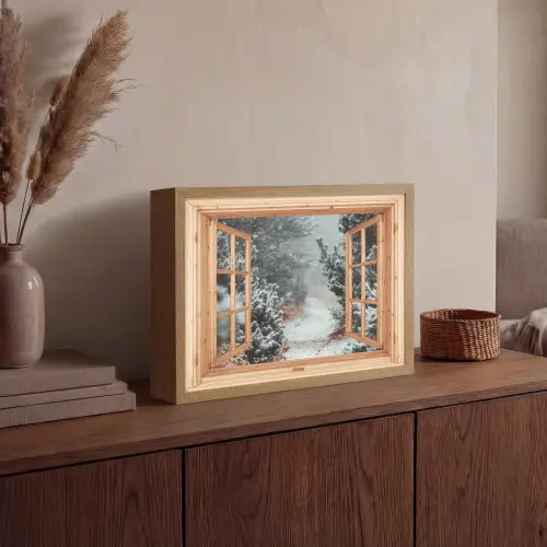 Bos - Winter - Bomen - Natuur - Pad - Doorkijk Light Box met batterij (Wandlamp) middel -sfeer2