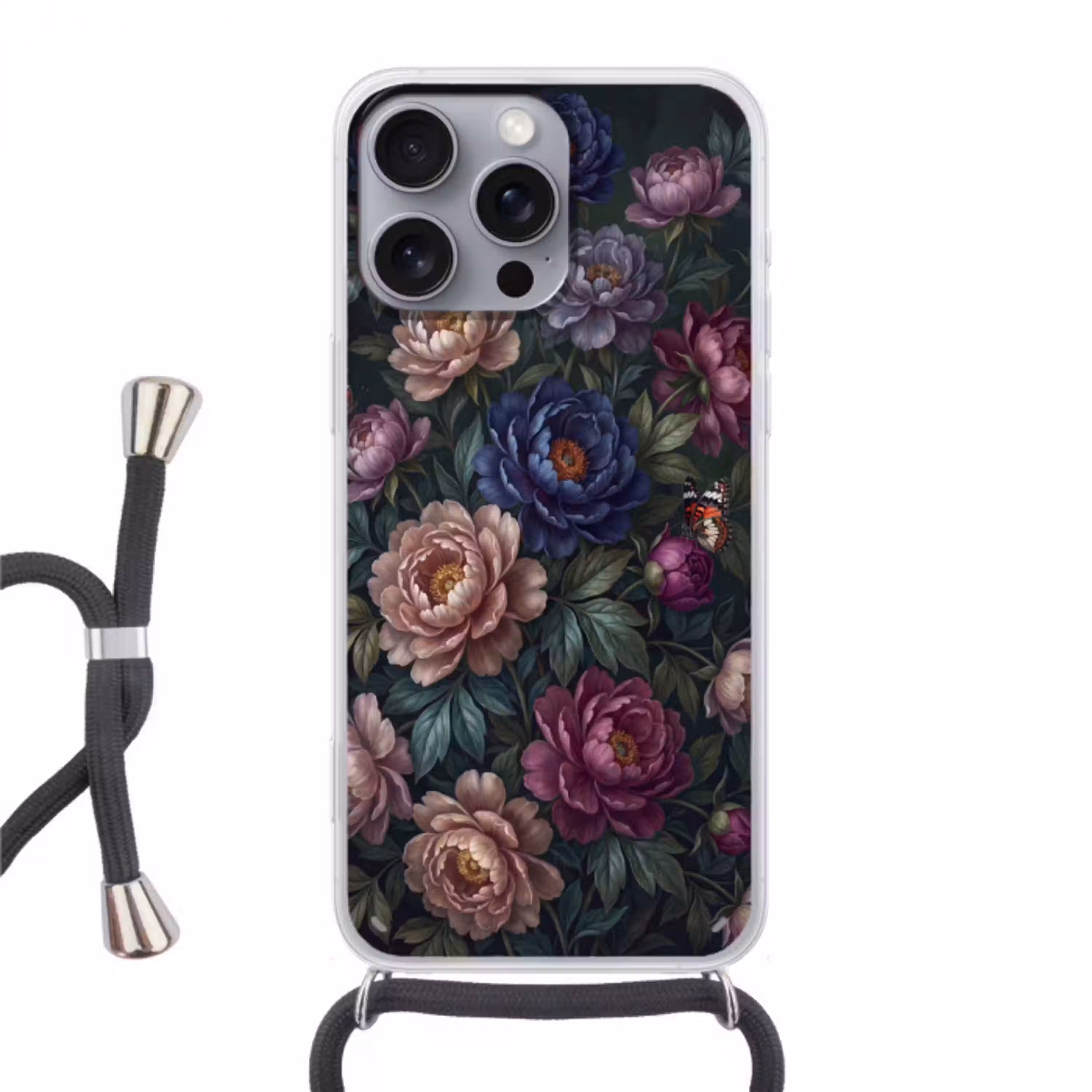 Bloemen - Vlinder - Natuur - Modern - Paars Hoesje iPhone 16 Pro Max met koord klein -3d