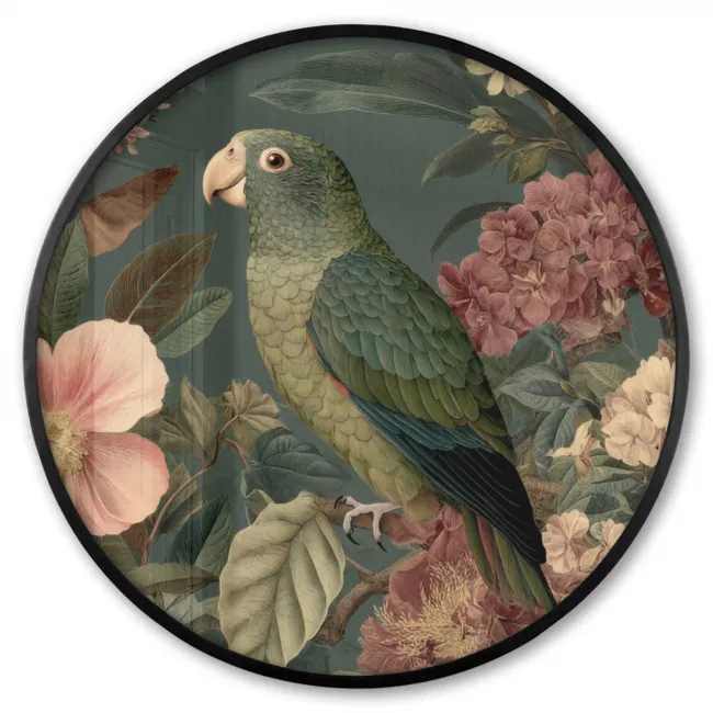 Ronde fotolijst - Groene papegaai - Kleurrijke bloemen - Donkere achtergrond