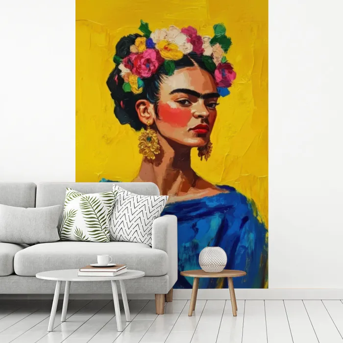 Frida Kahlo - Vrouw - Geel - Blauw - Bloemen fotobehang vinyl groot -woonkamer