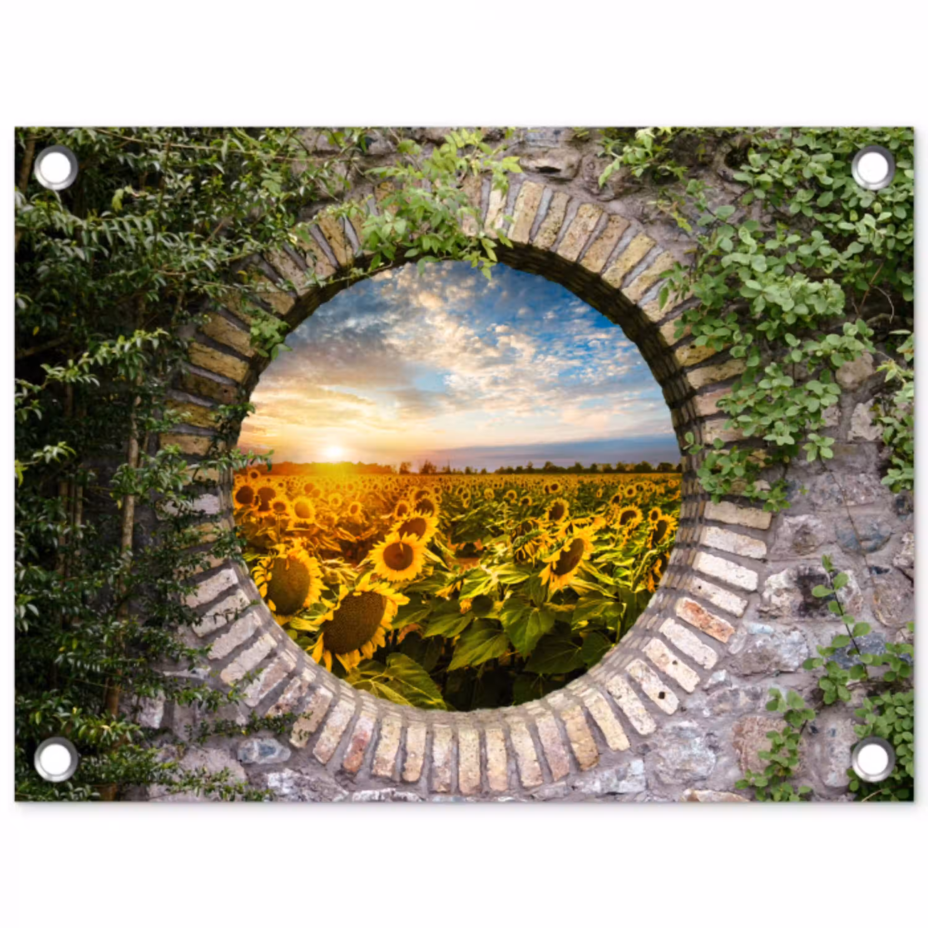 Ronde poort naar zonnebloemveld tuinposter los doek klein -3d