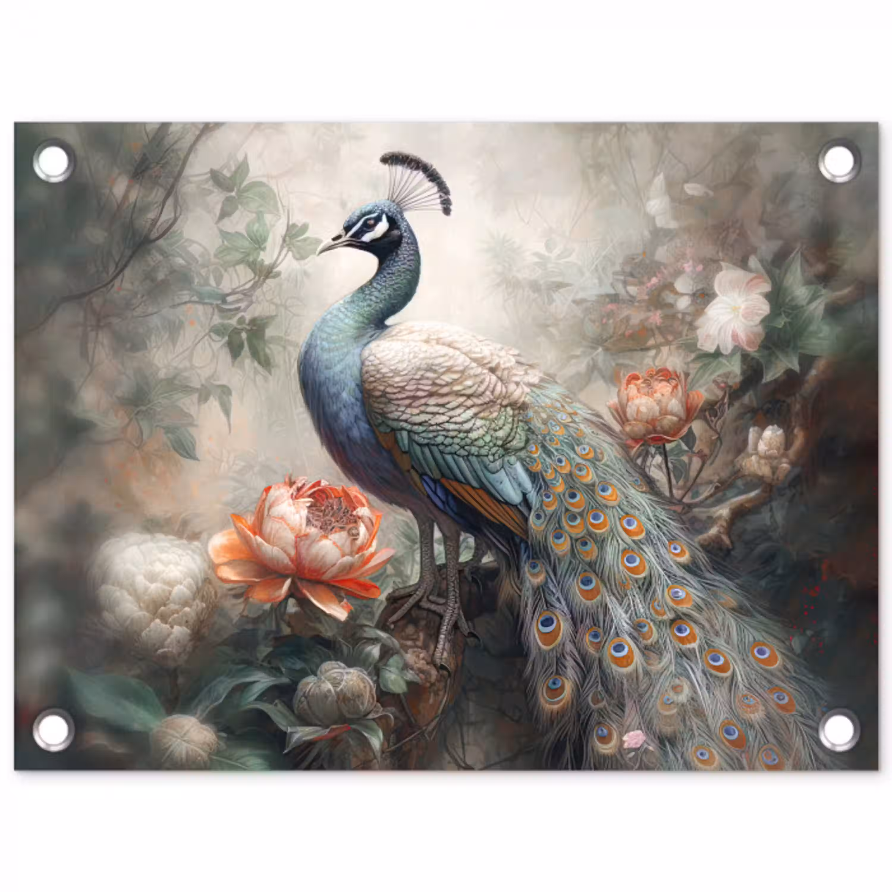 Pauw - Pauwenveren - Vogel - Jungle - Bloemen tuinposter los doek klein -3d