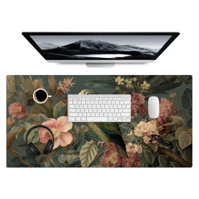 Desk Mat - Green parrot - Colorful flowers - Dark background