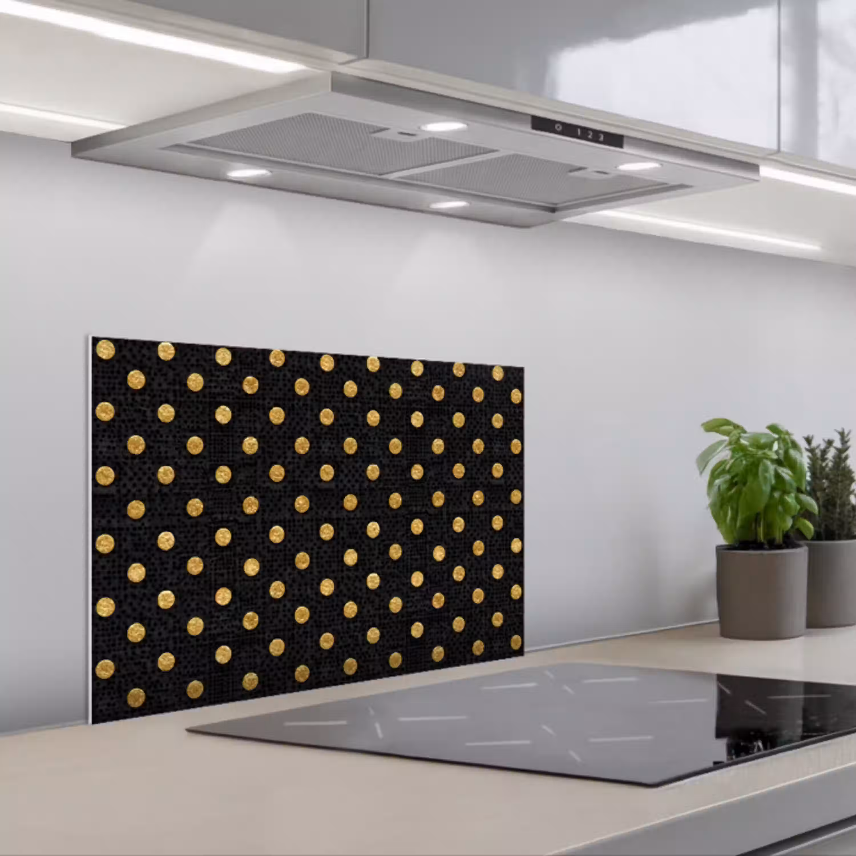 Polka Dot - Stippen - Goud - Zwart keuken achterwand spatscherm klein 900 -3d_schuin