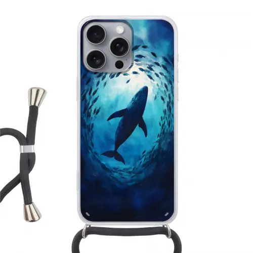 Walvis - Vissen - Donkerblauw Hoesje iPhone 16 Pro Max met koord klein -3d