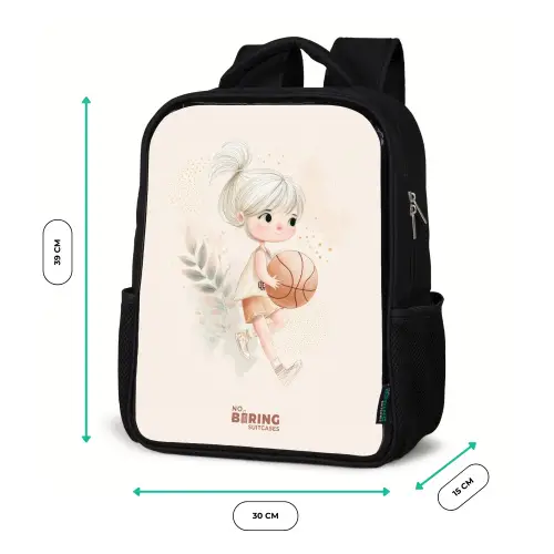 Meisje met een basketbal in neutrale kleuren. Rugzak - Zwart middel -productfoto_formaten