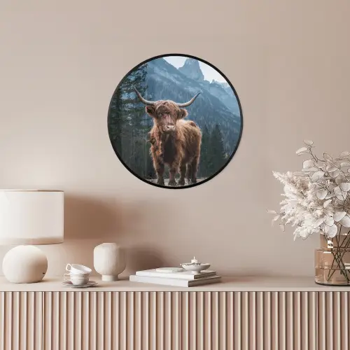 Schotse hooglander - Berg - Landschap - Bomen - Koe - Natuur Fotolijst rond zonder passe partout klein -sfeer3