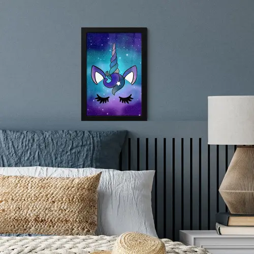 Eenhoorn - Sterrenhemel - Ster - Blauw fotolijst zwart zonder passe partout klein -sfeer3