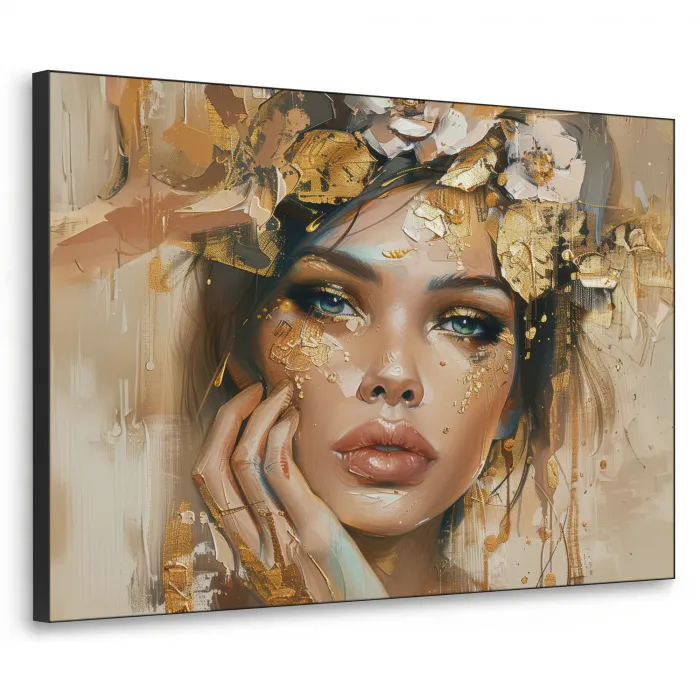 Vrouw - Bloemen  - Goud - Portret Textielframe zwart klein -3d