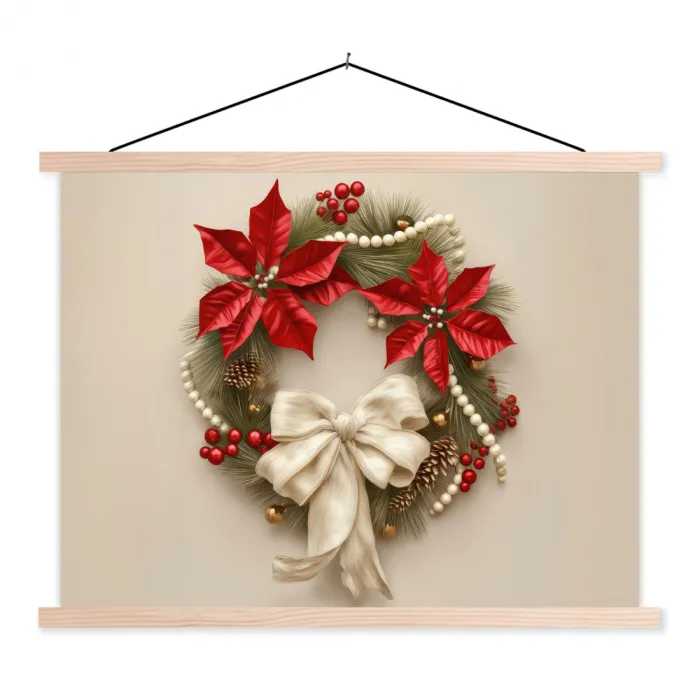 Deurkrans - Strik - Kerst - Rood - Groen textielposter latten blank klein -3d
