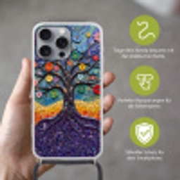 Levensboom - Mozaïek - Bloemen - Kleurrijk - Vrolijk Hoesje iPhone 16 Pro Max met koord klein -sfeer2_DE