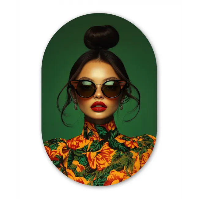 Vrouw - Groen - Modern - Bril - Abstract Wandcirkel Ovaal Glas middel -3d