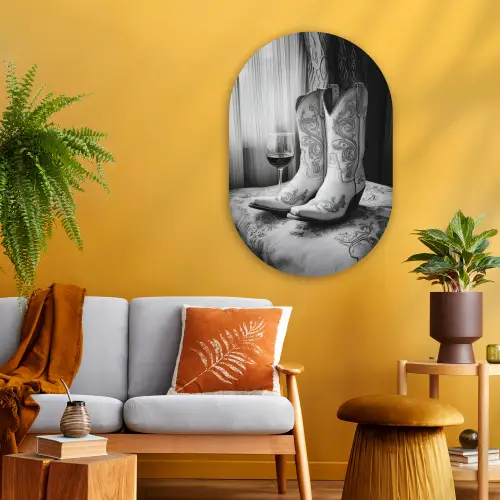 Wijn - Cowboylaarzen - Raamlicht - Wit Wandcirkel Ovaal Glas middel -sfeer4