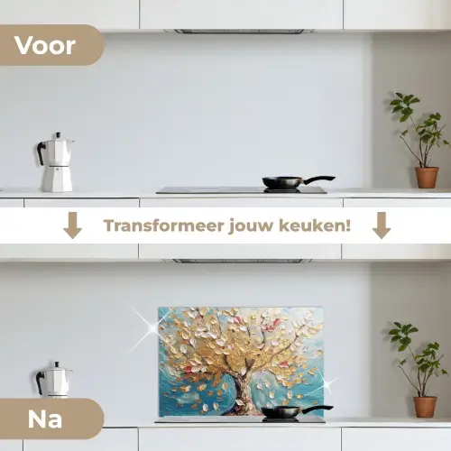 Boom - Blauw - Goud - Abstract - Modern keuken achterwand spatscherm klein -voor_na_NL