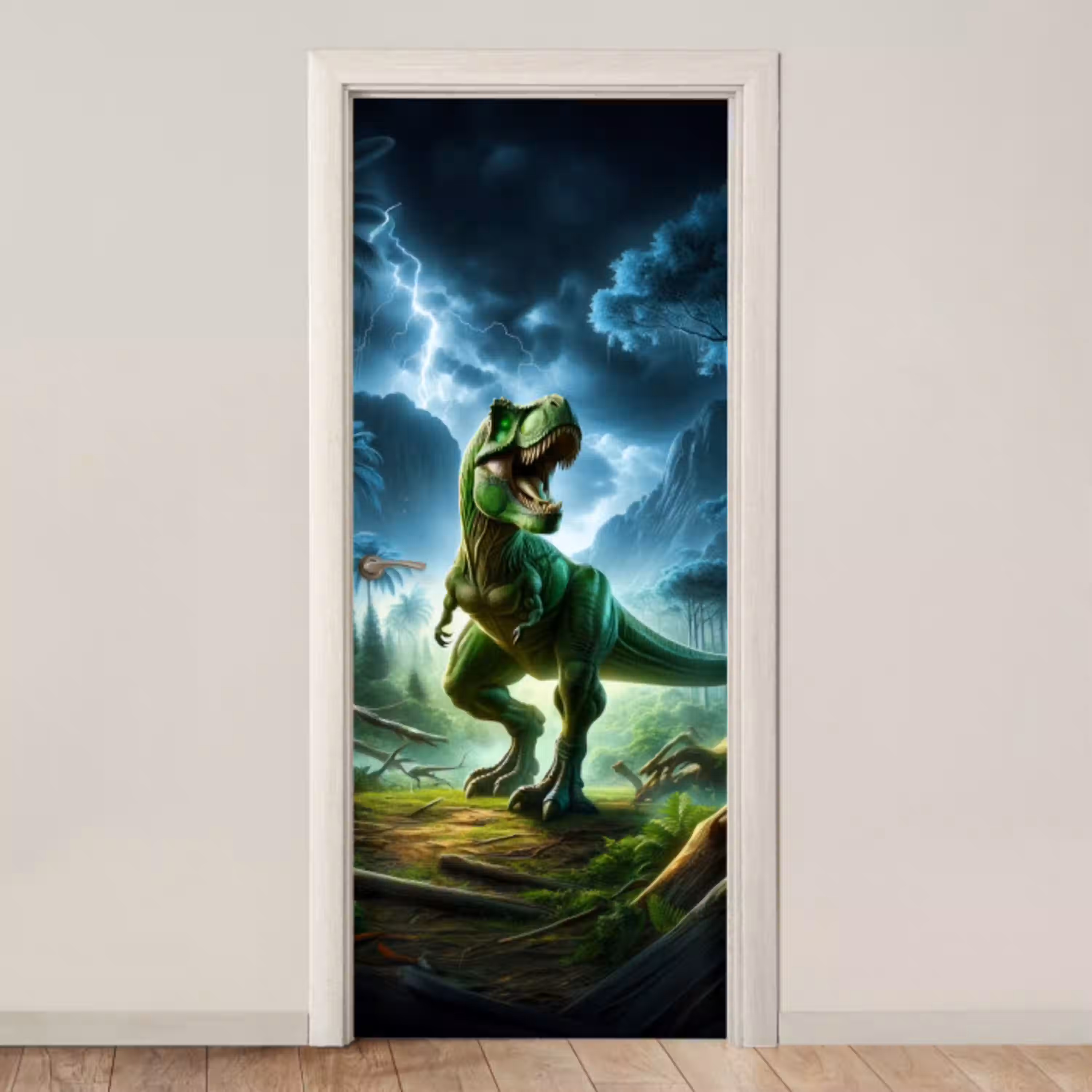 Dino - Jongens - Groen - Blauw - T-Rex deurposter klein -3d_beige