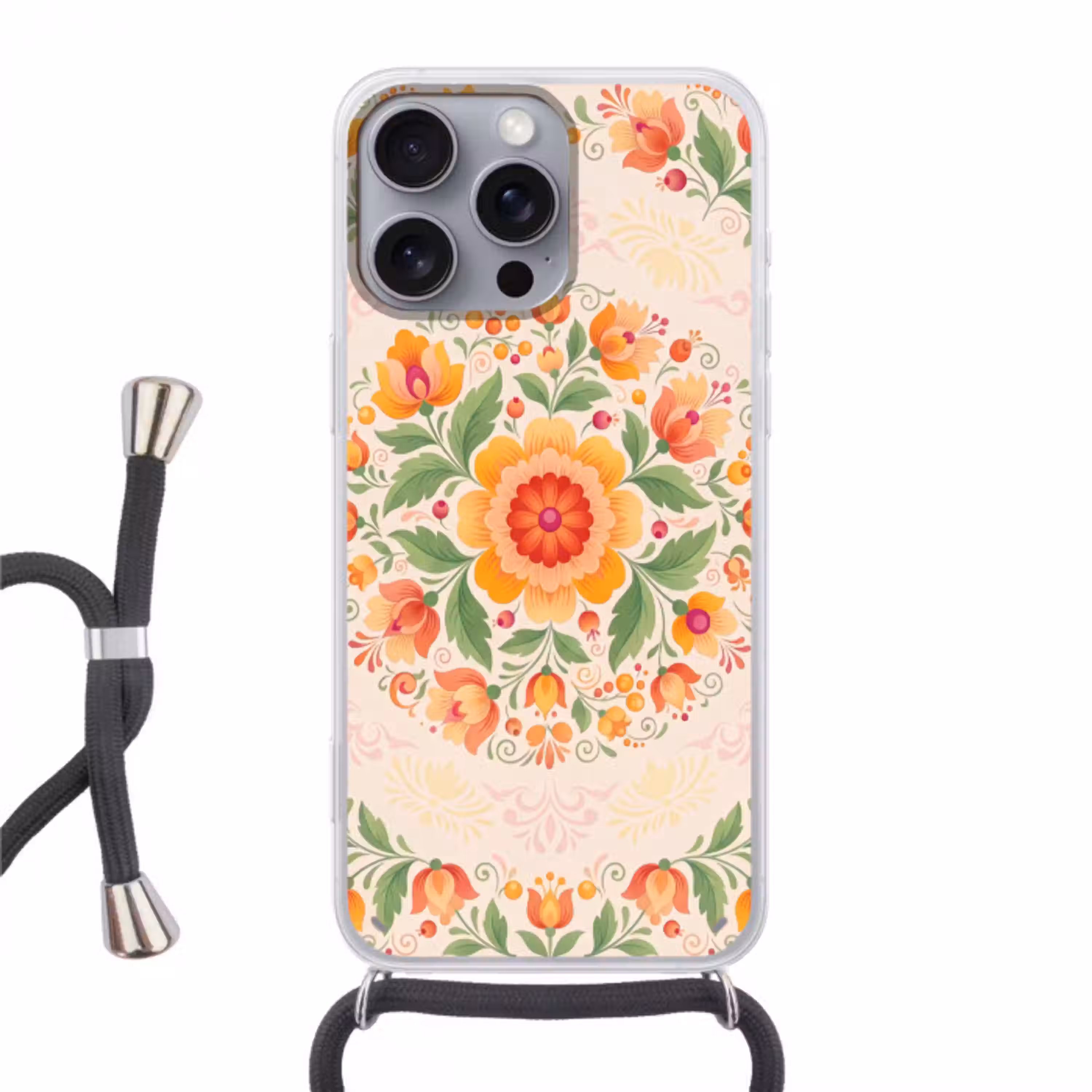 Bloemen - Patroon - Decoratief - Oranje Hoesje iPhone 16 Pro Max met koord klein -3d