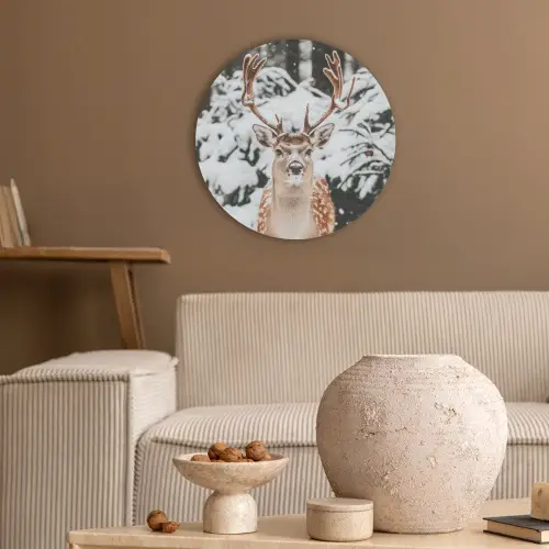 Hert - Sneeuw - Winter - Bos - Dieren Akoestische PET Vilt - Rond klein -sfeer1