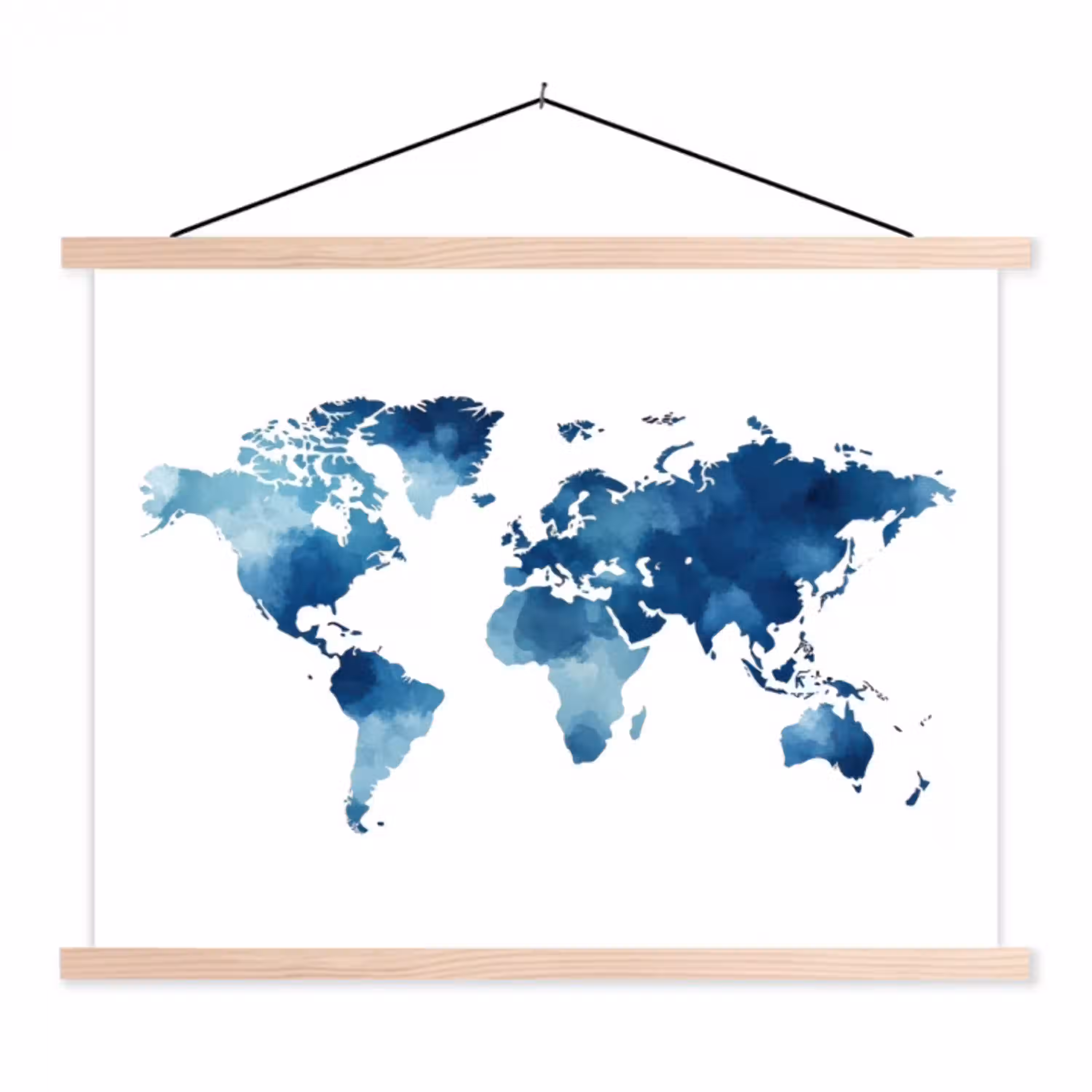 Wereldkaart - Verf - Blauw textielposter latten blank klein -3d