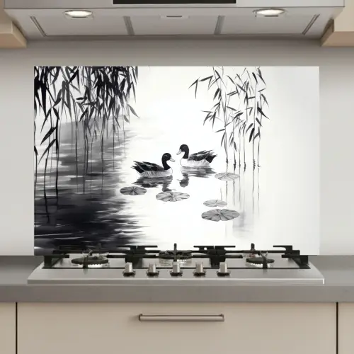 Eenden - Waterlelies - Riet - Zwart keuken achterwand spatscherm klein -3d_website