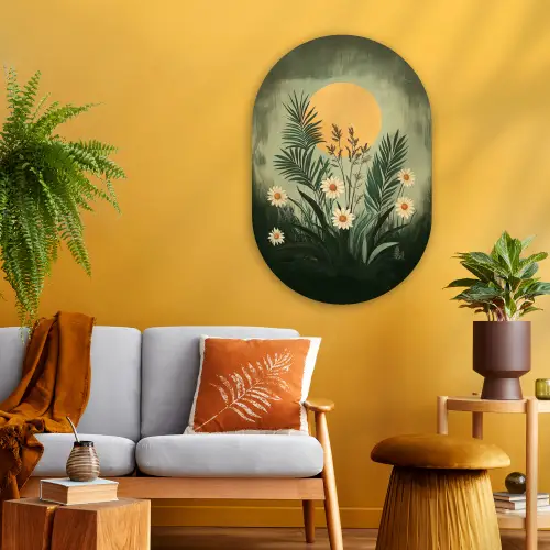 Bloemen - Bladeren - Zon - Groen Wandcirkel Ovaal Glas middel -sfeer4