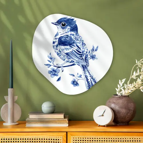 Vogel - Delfts blauw - Illustratie - Bloemen Wandcirkel Organisch Aluminium middel -sfeer2
