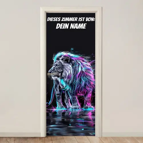 Neon-Löwe auf dunklem Hintergrund mit Namensfeld. deurposter klein -3d_beige