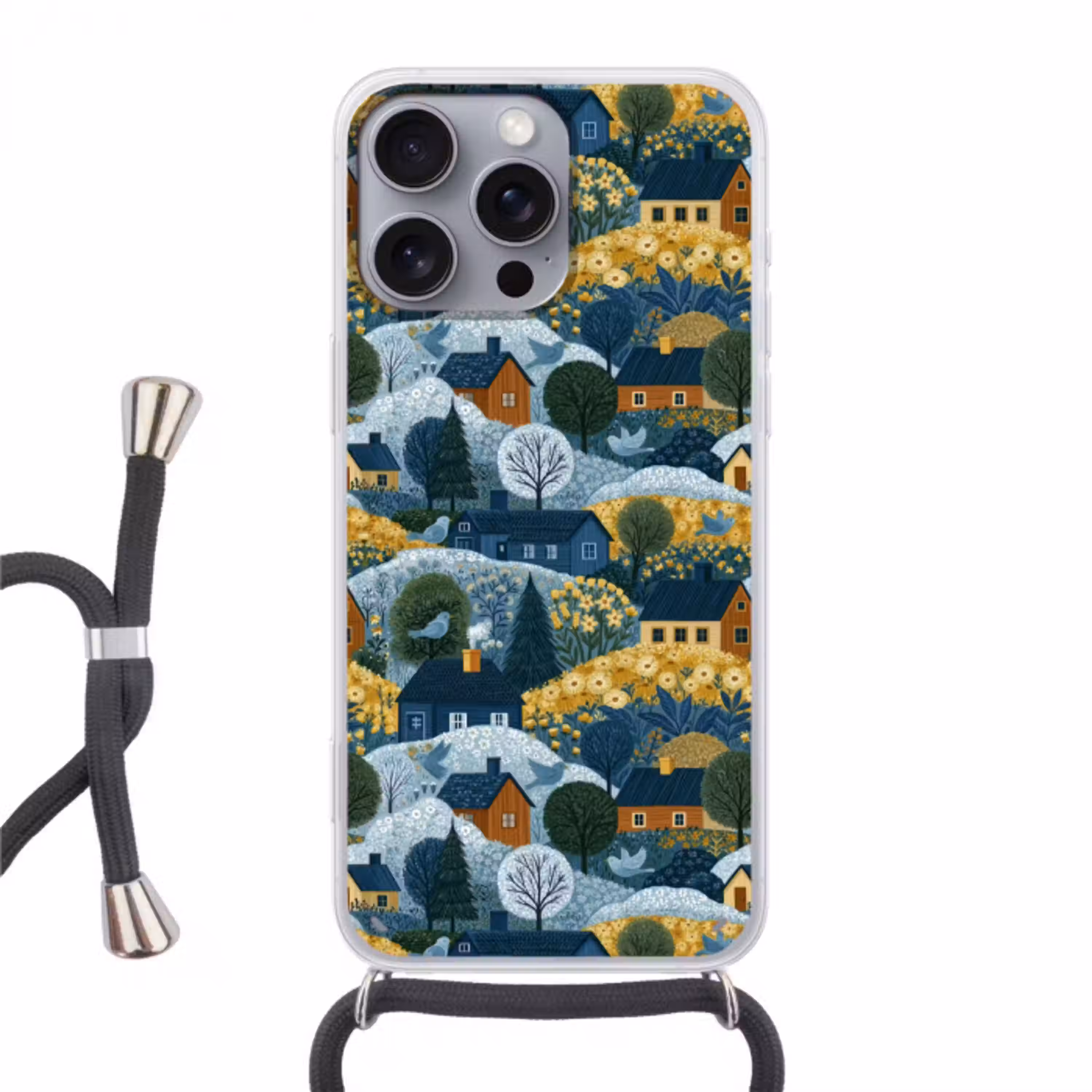 Huisjes - Bloemen - Patroon - Geel - Blauw Hoesje iPhone 16 Pro Max met koord klein 804 -3d