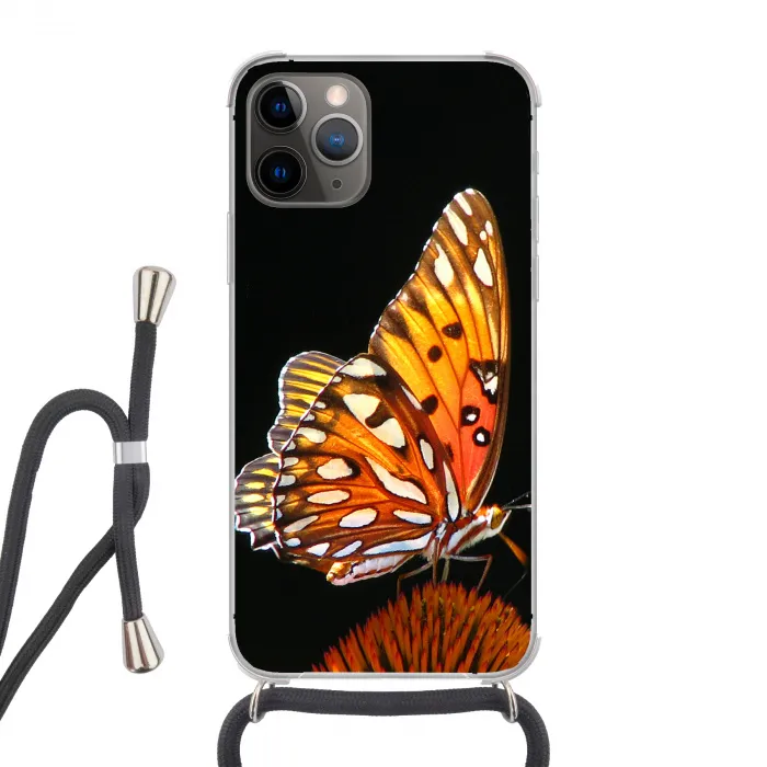 Vlinder - Bloemen - Insect - Portret - Zwart - Oranje Hoesje iPhone 12 Pro met koord klein -3d