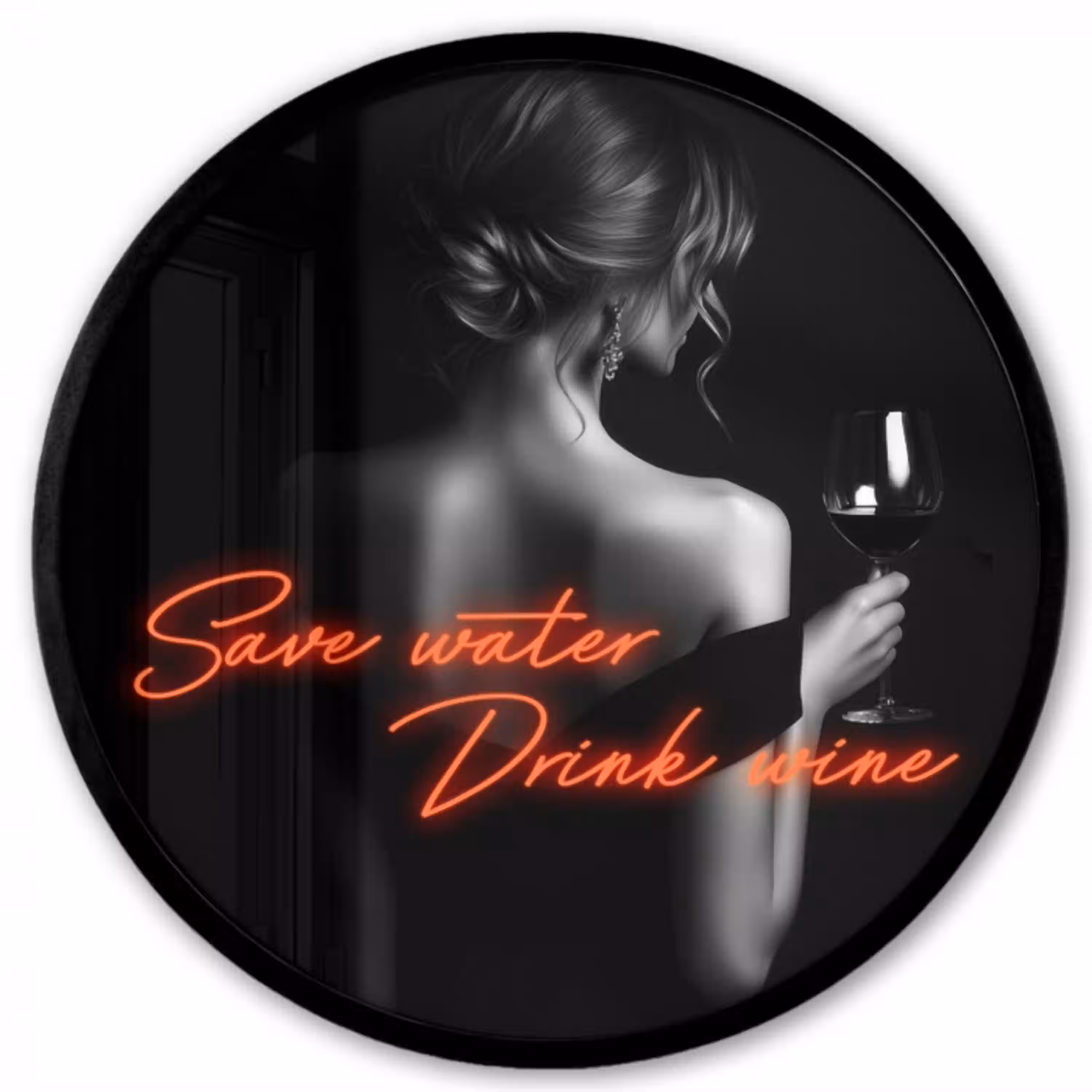 Wijn - Vrouw - Neon - Quote Fotolijst rond zonder passe partout klein -3d