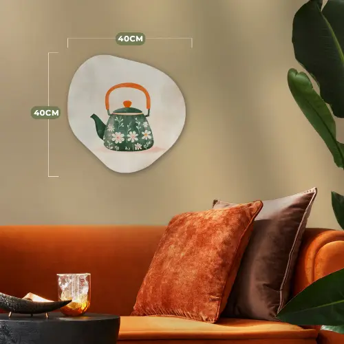 Theepot - Groen - Bloemen - Oranje Wandcirkel Organisch Forex 3mm klein -sfeer3
