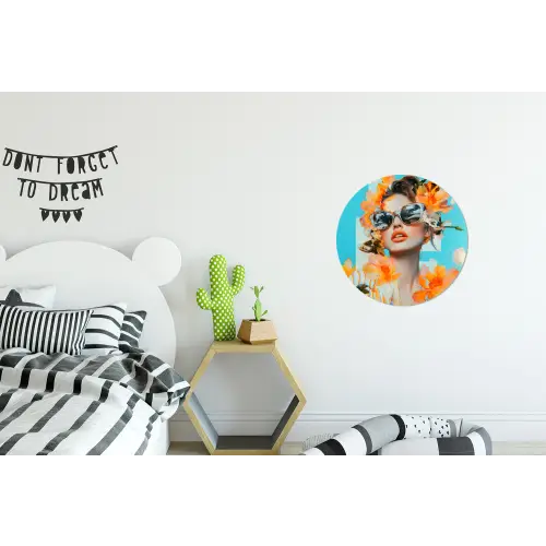Bloemen - Vrouw - Zonnebril - Blauw Wandcirkel aluminium klein -kinderkamer