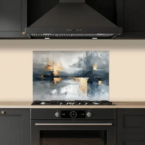 Kunst - Grijs - Goud - Abstract keuken achterwand spatscherm klein -sfeer1