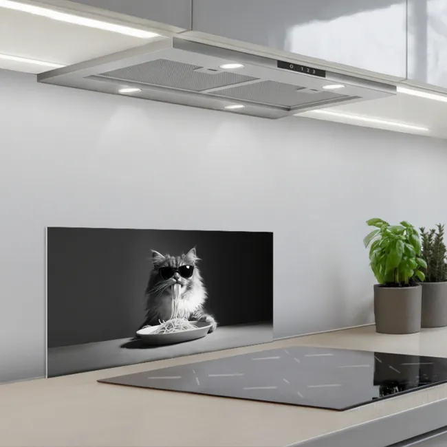 Langharige kat - Zonnebril - Spaghetti - Humor - Zwart - wit keuken achterwand spatscherm klein -3d_schuin