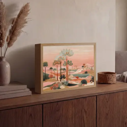 Roze landschap - Palmen - Water Light Box met batterij (Wandlamp) middel -sfeer2
