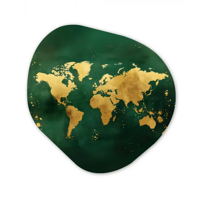 Wereldkaart - Groen - Goud Wandcirkel Organisch Aluminium middel -3d