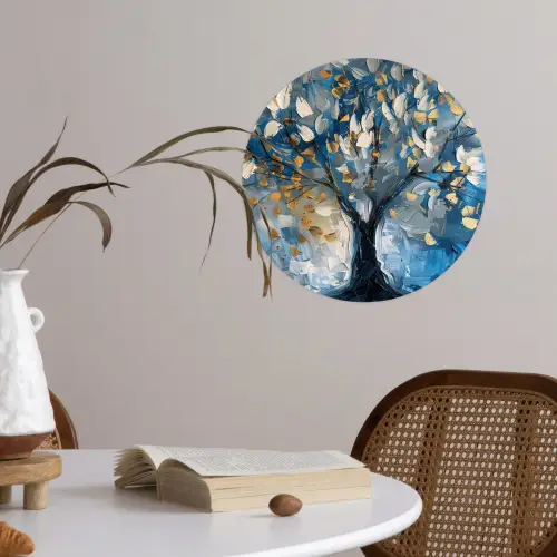 Boom - Blauw - Goud - Abstract Wandcirkel behangsticker klein -sfeer3