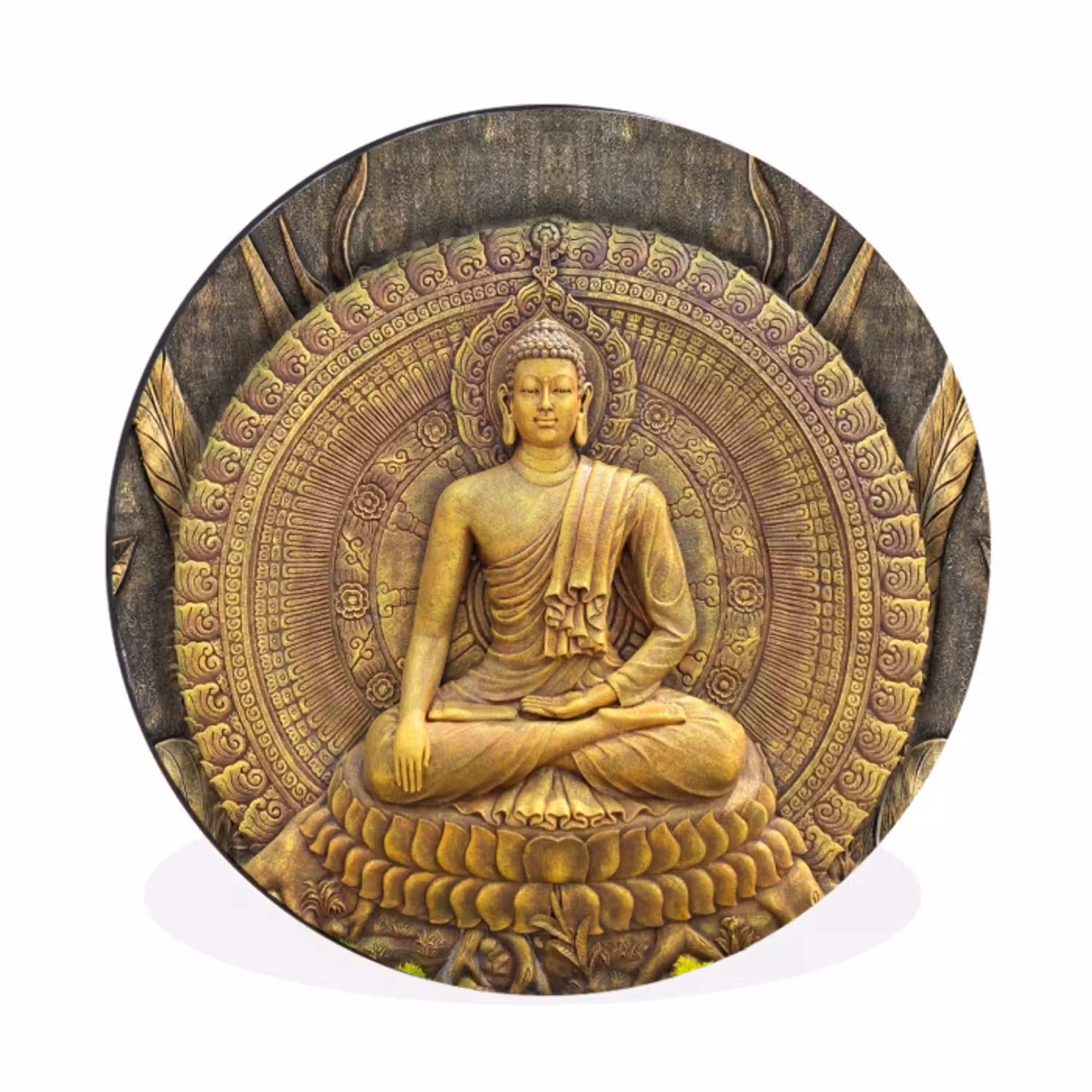 Goud - Boeddha beeld - Spiritueel - Meditatie Wandcirkel aluminium klein -3d
