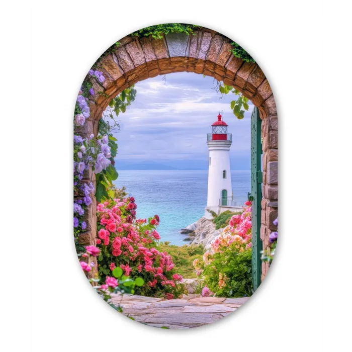 Doorkijk - Vuurtoren - Bloemen - Uitzicht Wandcirkel Ovaal Glas middel -3d