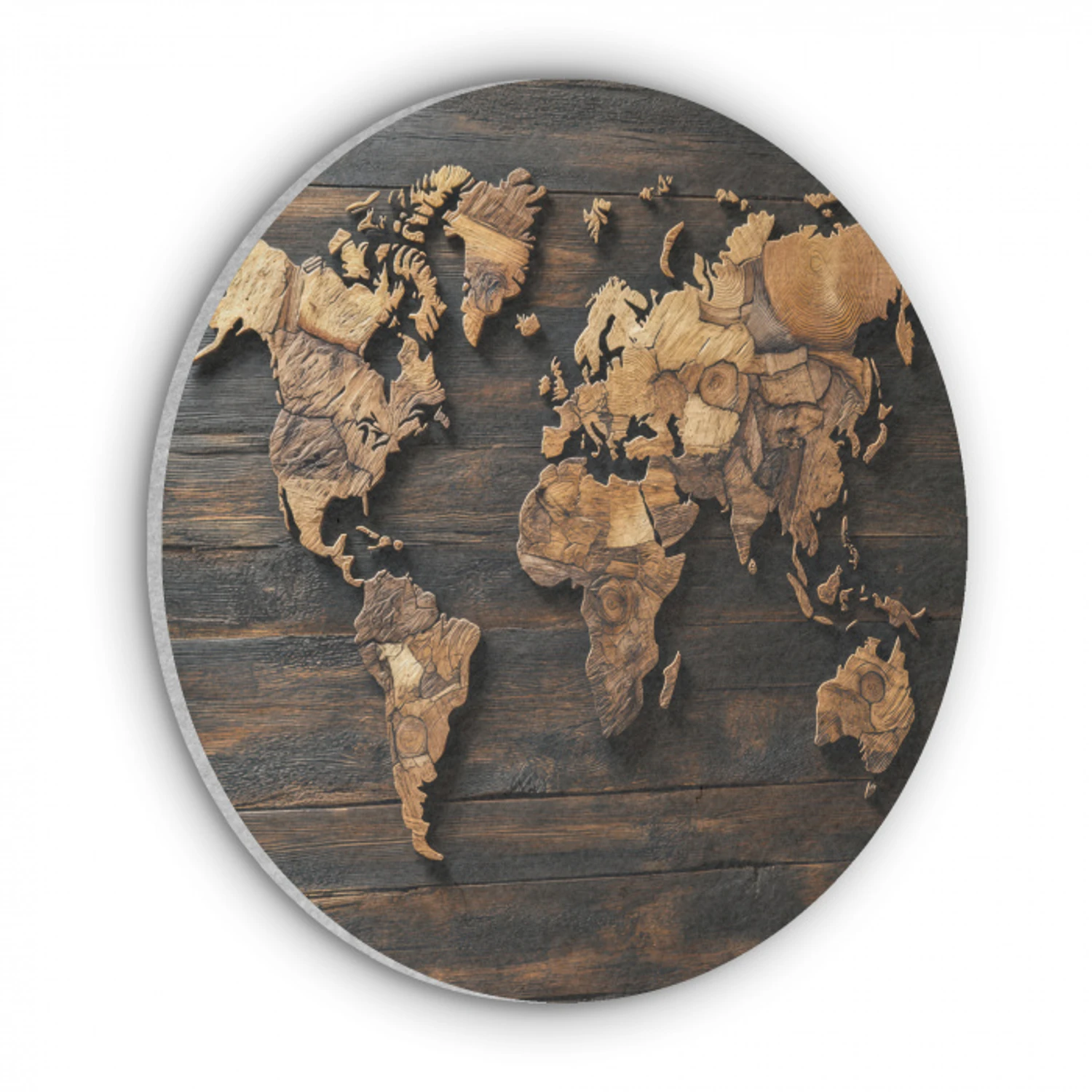 Wereldkaart -  Hout - Mozaïek Akoestische PET Vilt - Rond klein -3d