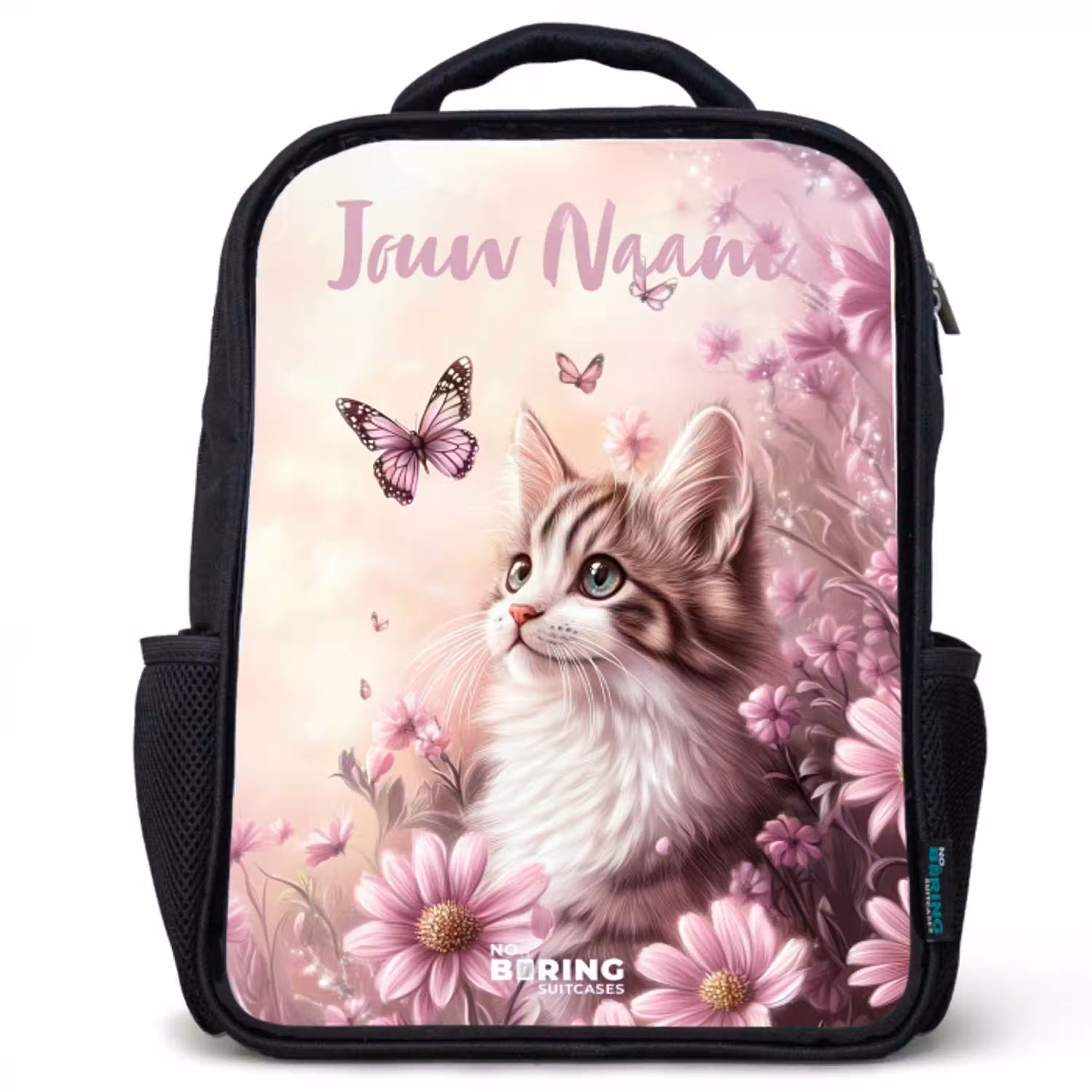 Kitten - Vlinders - Paars - Bloemen Rugzak - Zwart middel -3d