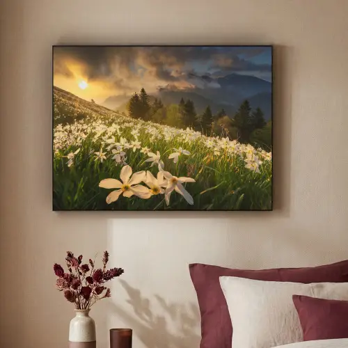 Bloemenveld - Heuvels - Zonsondergang - Berg - Natuur - Wit - Heuvels Textielframe - compleet frame klein -sfeer1