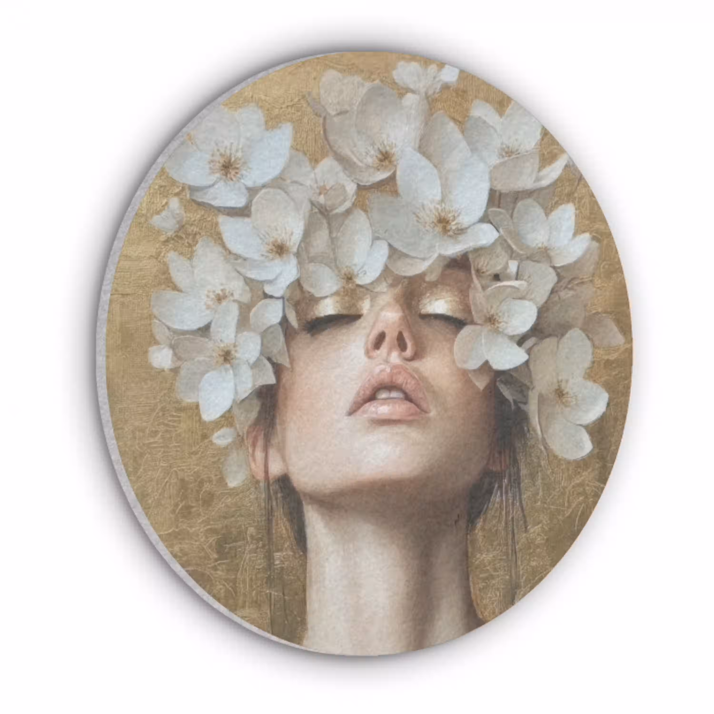 Gezicht - Bloemen - Goud - Abstract Akoestische PET Vilt - Rond klein -3d