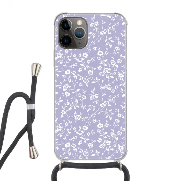 Bloemenpatroon - Paars - Wit - Bloemen Hoesje iPhone 12 Pro met koord klein -3d