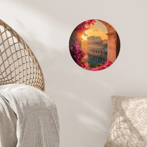 Colosseum - Rome - Roze Bloemen Wandcirkel behangsticker klein -sfeer4