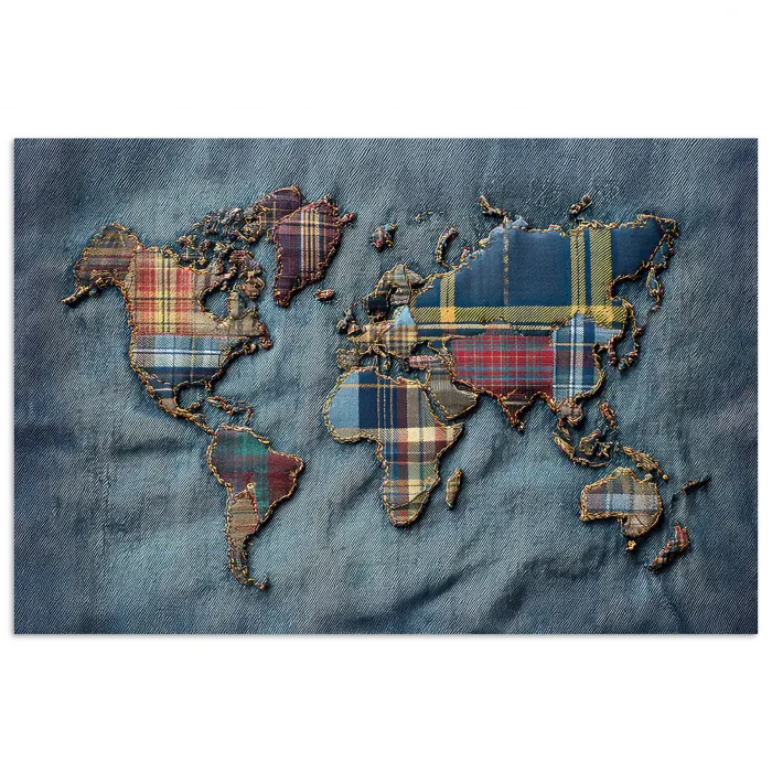 Wereldkaart - Denim - Textiel poster papier klein -3d